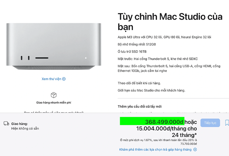 Giá cao nhất của Apple Studio phiên bản chip M3 Ultra