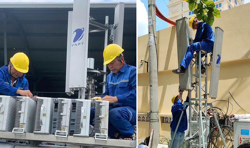 Đội ngũ kỹ thuật của VNPT đang gấp rút triển khai các trạm BTS lưu động, kéo cáp quang, lắp đặt và cấu hình thiết bị tại các điểm cầu truyền hình
