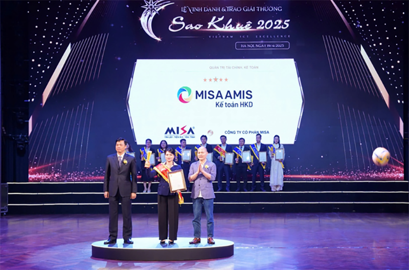 Phần mềm MISA AMIS Kế toán Hộ kinh doanh xuất sắc đạt giải thưởng cao nhất tại Sao Khuê 2025 - xếp hạng 5 sao trong lĩnh vực Quản trị tài chính, kế toán.