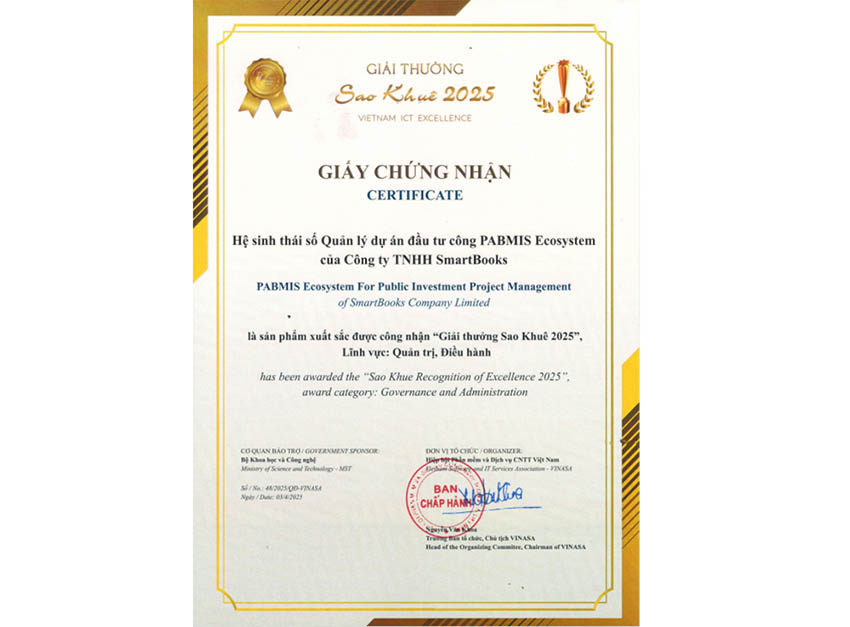 Giấy chứng nhận Sao Khuê 2025 do Hiệp hội Phần mềm và Dịch vụ CNTT Việt Nam (VINASA) trao tặng