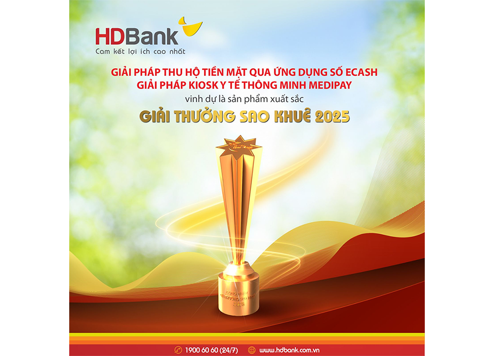 02 giải pháp tài chính của HDBank là Kiosk Y tế thông minh MediPay và eCash- giải pháp thu hộ tiền mặt qua ứng dụng số đã vượt qua 337 đề cử khác để được vinh danh là giải pháp tối ưu nhất ở hạng mục “Các sản phẩm, giải pháp, phần mềm, dịch vụ mới”.