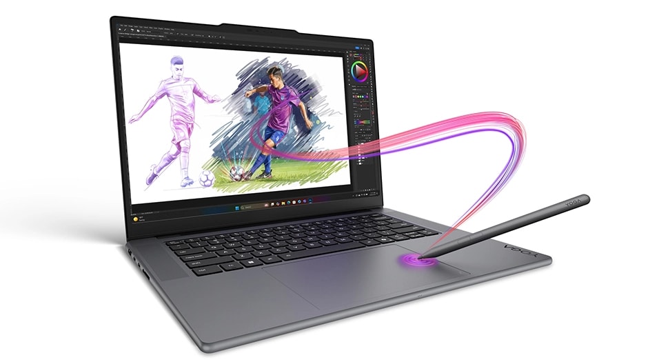 Front view, with figures silhouetted against colorful, nebulous shapes, of the Lenovo Yoga Pro 7i Gen 11 Aura Edition (15” Intel)