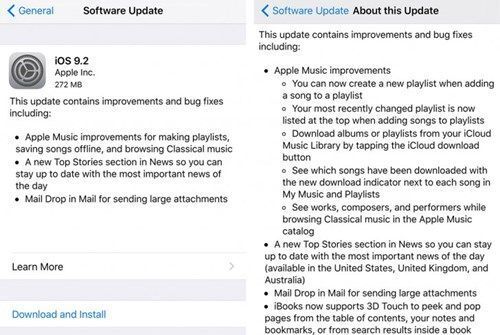 Apple cập nhật iOS 9.2 cho người dùng iPhone và iPad
