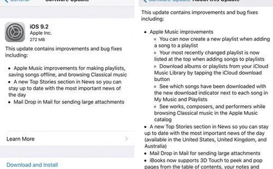 Apple cập nhật iOS 9.2 cho người dùng iPhone và iPad