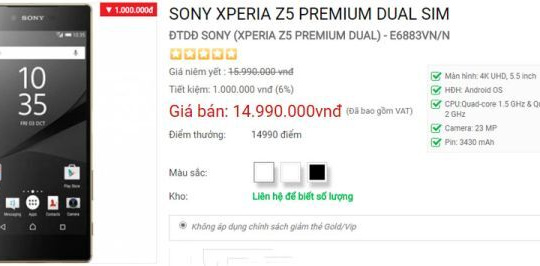Xperia Z5 Premium giảm giá xuống còn 14,99 triệu đồng