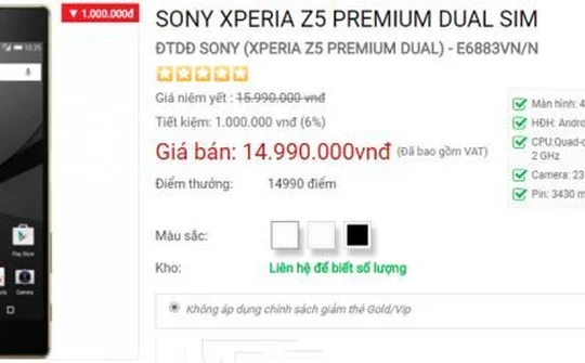 Xperia Z5 Premium giảm giá xuống còn 14,99 triệu đồng