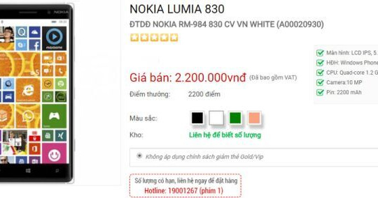 Nokia Lumia 830 giảm giá còn 2,2 triệu đồng