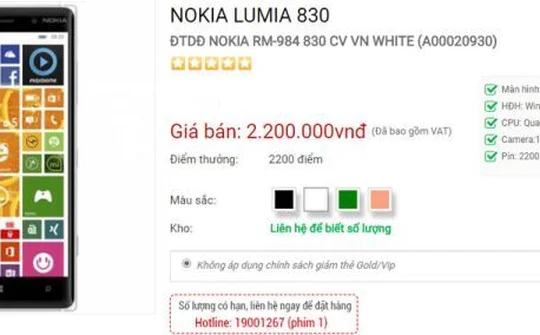 Nokia Lumia 830 giảm giá còn 2,2 triệu đồng