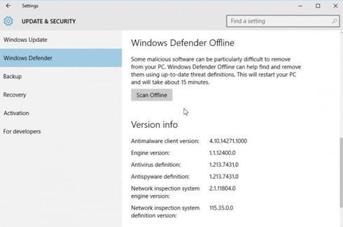 Kích hoạt Windows Defender Offline trong Windows 10