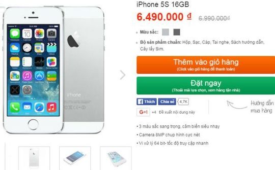 iPhone 5s giảm giá còn 6,49 triệu đồng