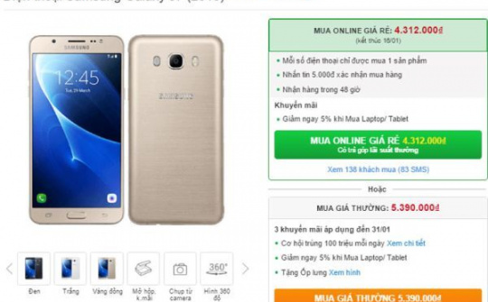 Galaxy J7 2016 giảm giá hấp dẫn cho khách hàng đặt mua online
