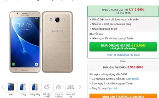 Galaxy J7 2016 giảm giá hấp dẫn cho khách hàng đặt mua online
