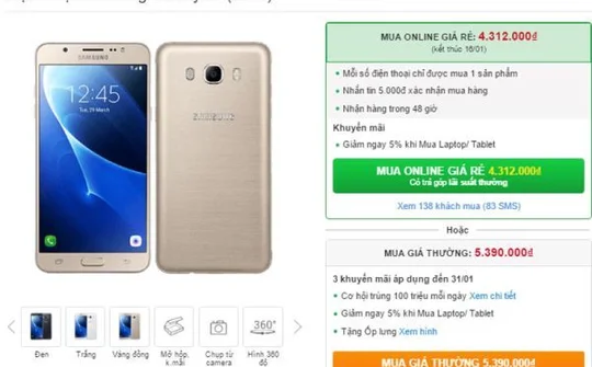 Galaxy J7 2016 giảm giá hấp dẫn cho khách hàng đặt mua online