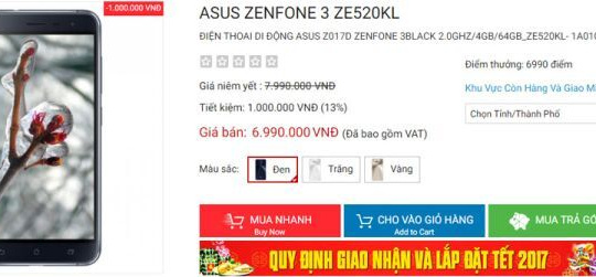 Asus ZenFone 3 giảm giá bán ở thị trường Việt Nam 1 triệu đồng