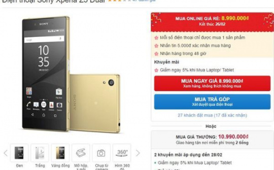 Sony Xperia Z5 giảm giá 2 triệu đồng cho khách hàng đặt mua online