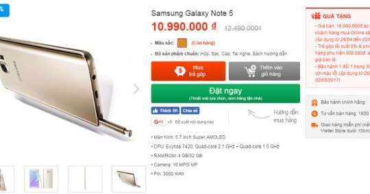 Galaxy Note 5 giảm giá 1,5 triệu đồng cho khách hàng đặt mua online
