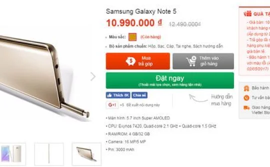Galaxy Note 5 giảm giá 1,5 triệu đồng cho khách hàng đặt mua online