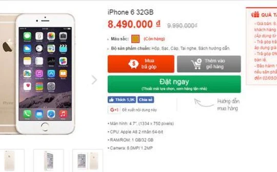 iPhone 6 32GB đã giảm giá sốc cho khách hàng đặt mua online