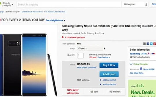 Galaxy Note 8 bản 2 sim được rao bán với mức giá chỉ 899USD