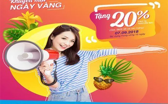 VinaPhone tặng 20% giá trị thẻ nạp trong ngày 07/09