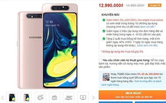 Galaxy A80 giảm giá sốc, chỉ còn 12,99 triệu đồng