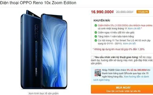 Oppo Reno 10x Zoom Edition giảm giá mạnh tại Việt Nam, chỉ còn 16,99 triệu đồng