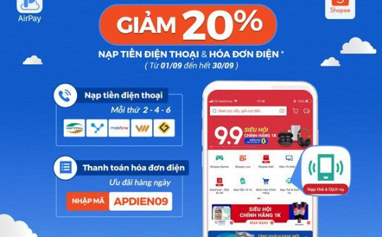 Shopee ra mắt tính năng Nạp Thẻ & Dịch Vụ, ưu đãi giảm giá lên đến 20%
