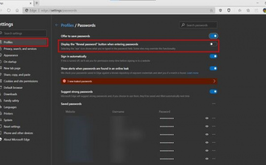 Microsoft Edge cho phép tắt tùy chọn Reveal Password
