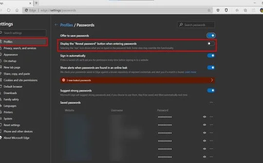 Microsoft Edge cho phép tắt tùy chọn Reveal Password