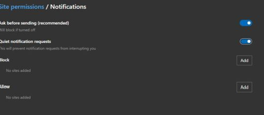 Trình duyệt Edge cho phép tắt thông báo phiền nhiễu