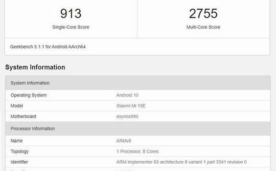 Xiaomi Mi 10E lộ diện với chip Exynos 990