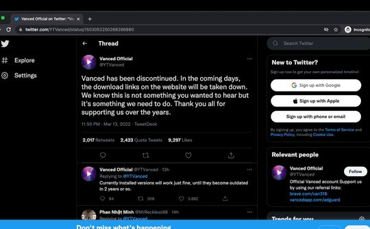 YouTube Vanced bị Google ép dừng hoạt động
