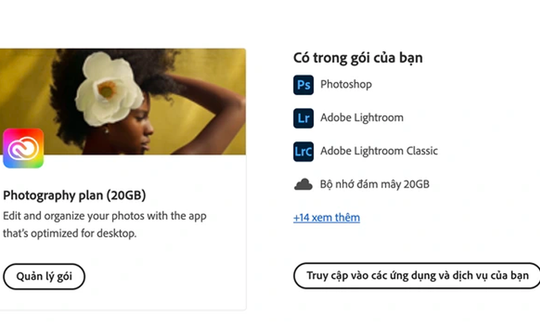 Adobe ngừng đăng ký mới gói Photography 20 GB