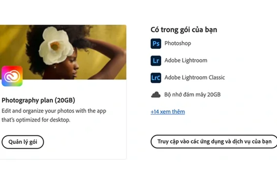 Adobe ngừng đăng ký mới gói Photography 20 GB