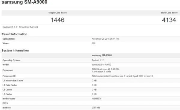 Thông số Galaxy A9 bị rò rỉ.