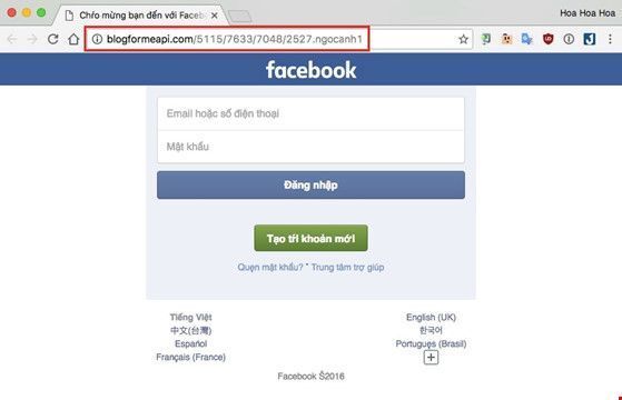 Trang web giả mạo có giao diện đăng nhập tương tự như Facebook nhằm đánh cắp thông tin người dùng