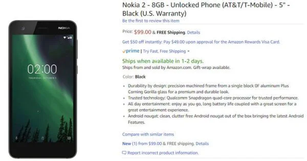 Amazon chính mở bán Nokia 2 với mức giá 2 triệu đồng