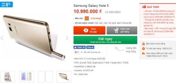 Galaxy Note 5 giảm giá 1,5 triệu đồng cho khách hàng đặt mua online