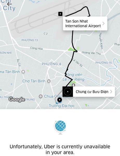 Dòng thông báo hiển thị ứng dụng Uber không còn hoạt động tại Việt Nam