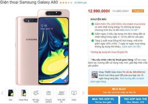 Galaxy A80 giảm giá sốc, chỉ còn 12,99 triệu đồng