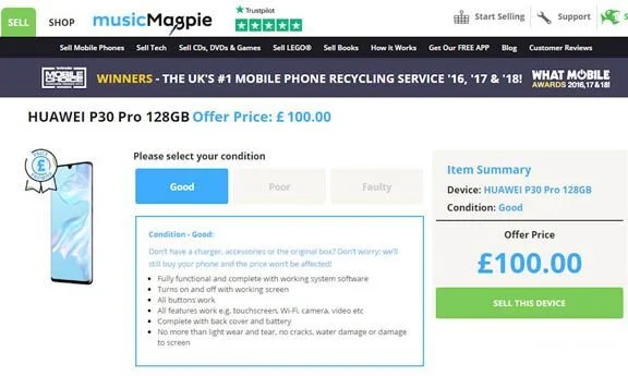 Trang musicMagpie trả giá 100 bảng Anh cho Huawei P30 Pro đã qua sử dụng