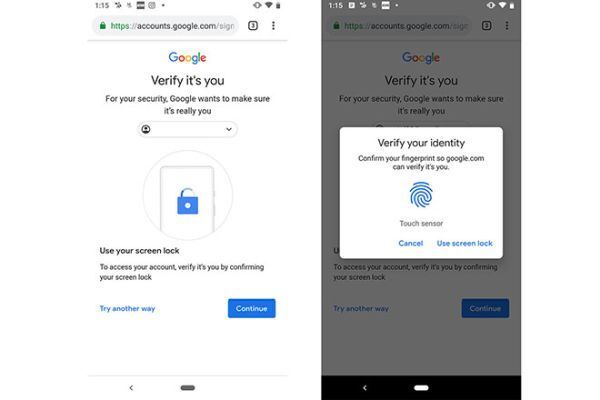 Google Account chấp nhận xác thực vân tay trên Android