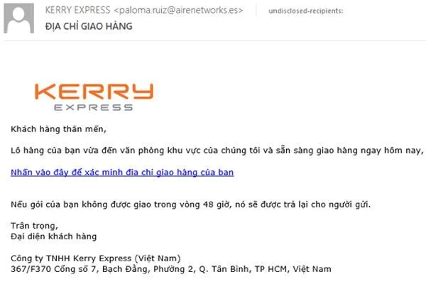Nội dung email đóng giả đơn vị chuyển phát nhằm lừa người dùng tải mã độc