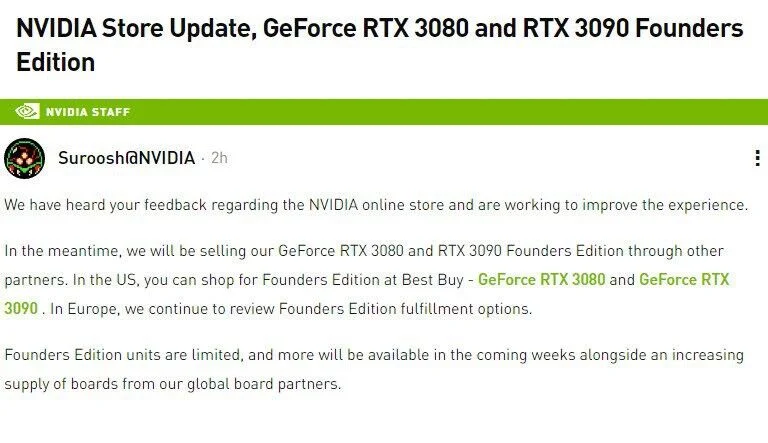 Nvidia dừng bán RTX 3080 và 3090 trên nền tảng web trực tuyến