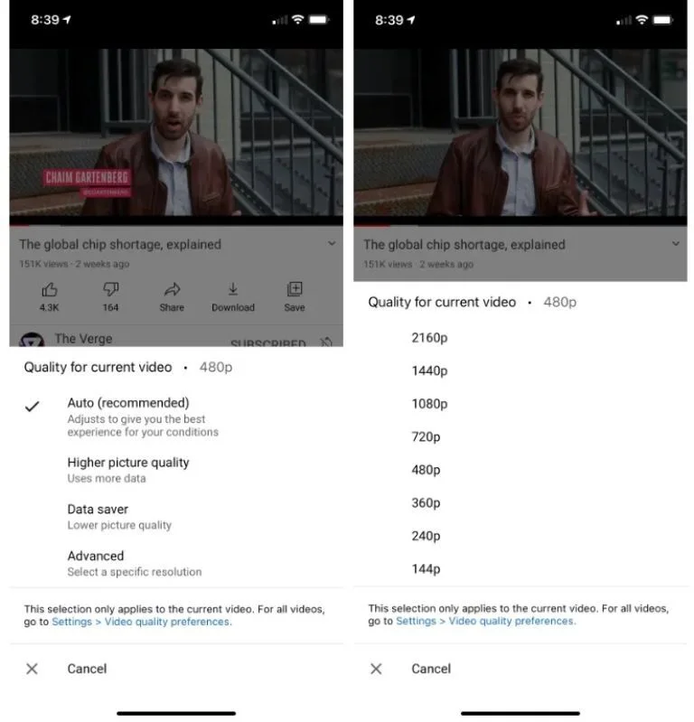 YouTube cho di động thêm thiết lập độ phân giải mới